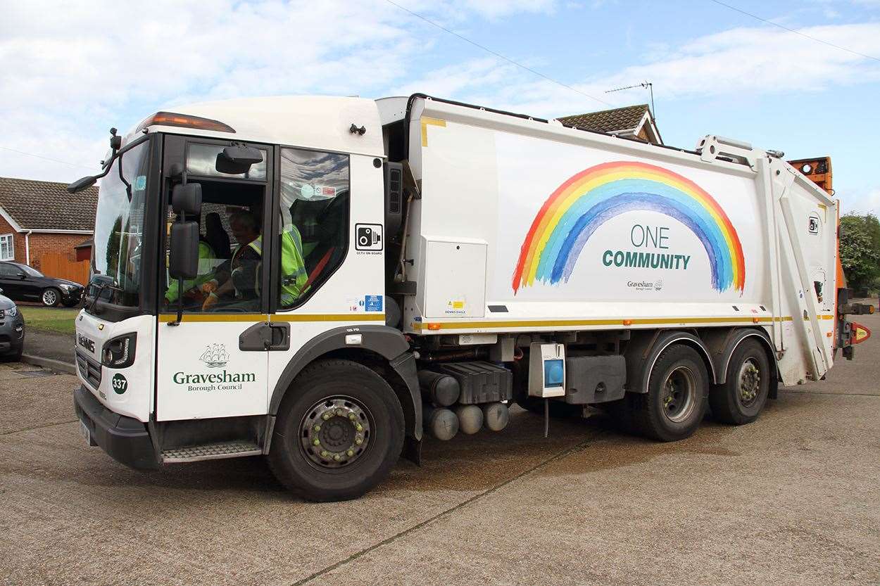 The new rainbow decorated waste and recycling collection vehicles have been added to the fleet by Gravesham Borough Council in support of key workers throughout the Covid-19 pandemic (34295257)