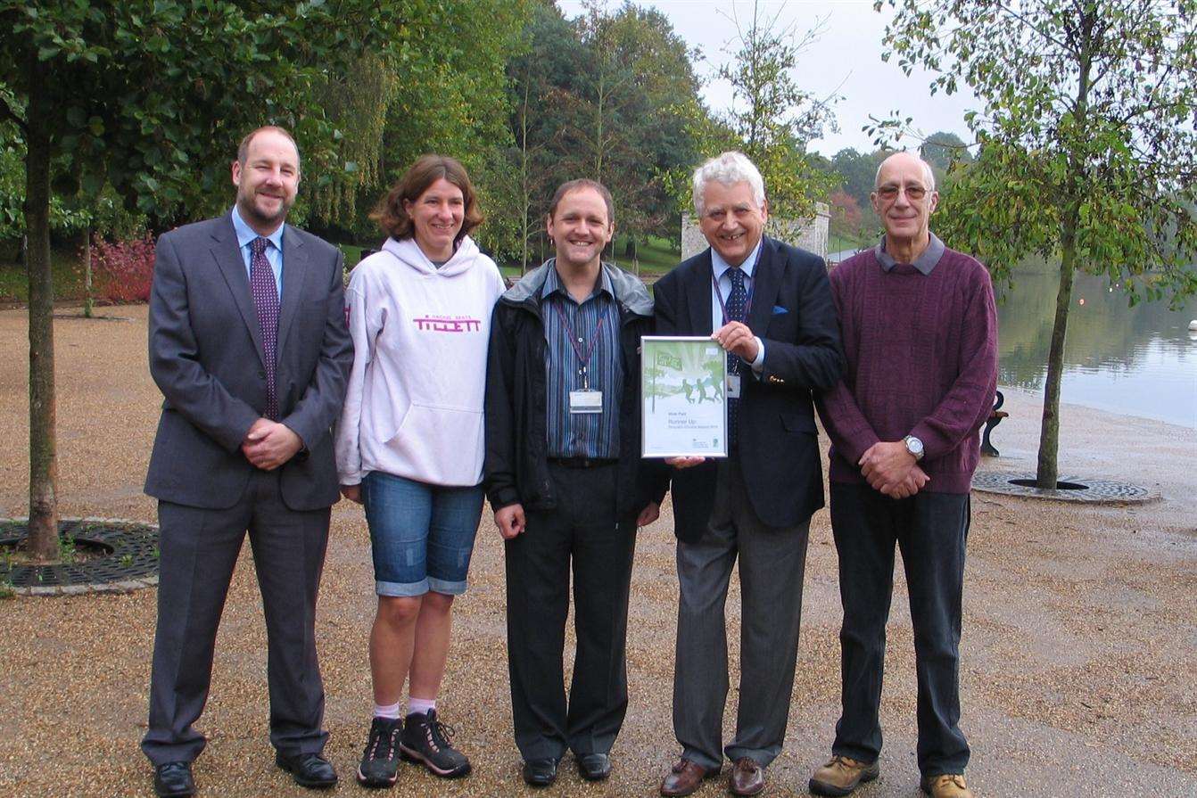 Jason Taylor from Maidstone council, Hazell Russell, a Mote Park Fellowship volunteer, Alan Frith, the council's audience development officer, Cllr John Perry from Maidstone council's cabinet and Mick Pipe, a Fellowship volunteer celebrate the second placing.
