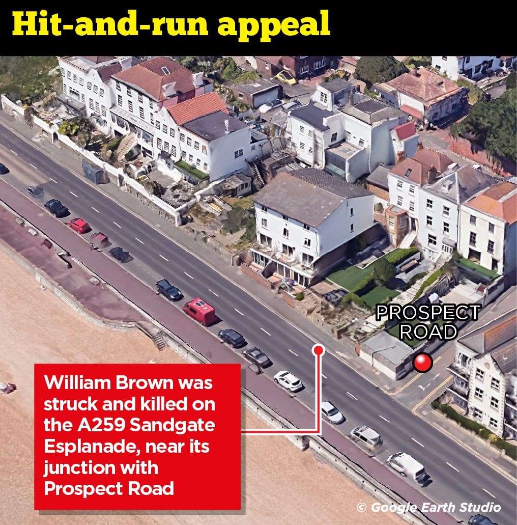A graphic shows where William Brown was killed in a hit-and-run in Sandgate Esplanade