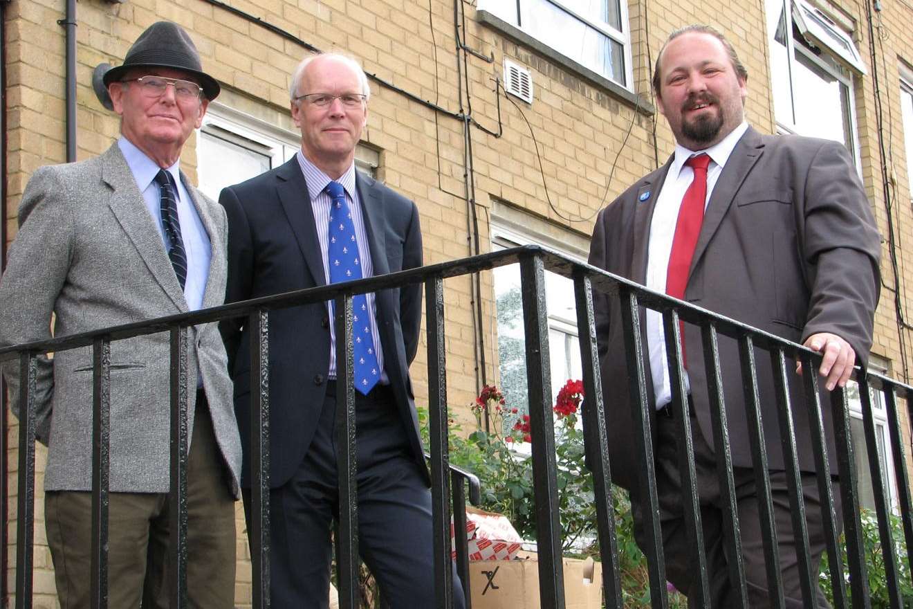 Steve Foy (left), Robin Cooper and Cllr Vince Maple (right) near the site of the second Ordnance Street bombing