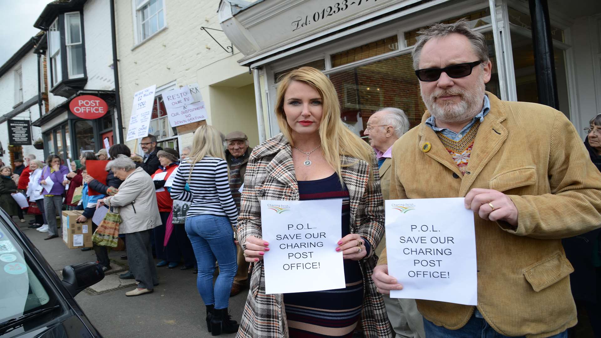Nancy Sorrell and Vic Reeves amongst the protesters in the village