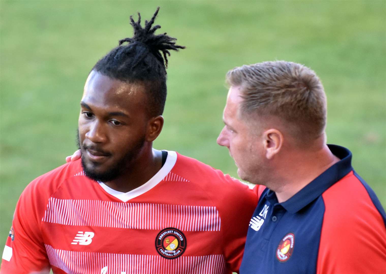 Dennis Kutrieb, seen here with striker Dominic Poleon, enjoyed good relationships with his players. Picture: Ed Miller/EUFC