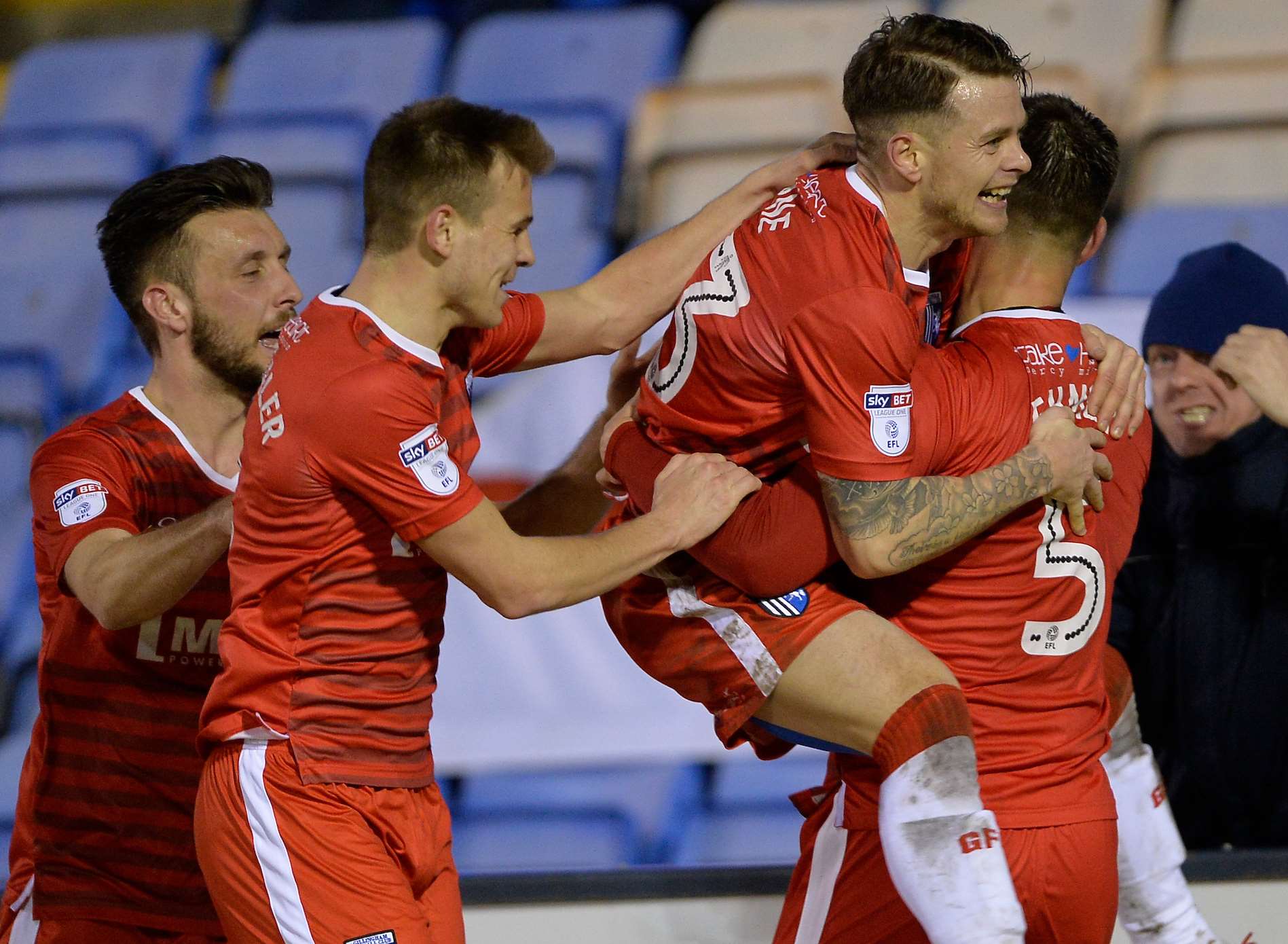 Gills celebrate Mark Byrne's late leveller against Shrewsbury Picture: Ady Kerry
