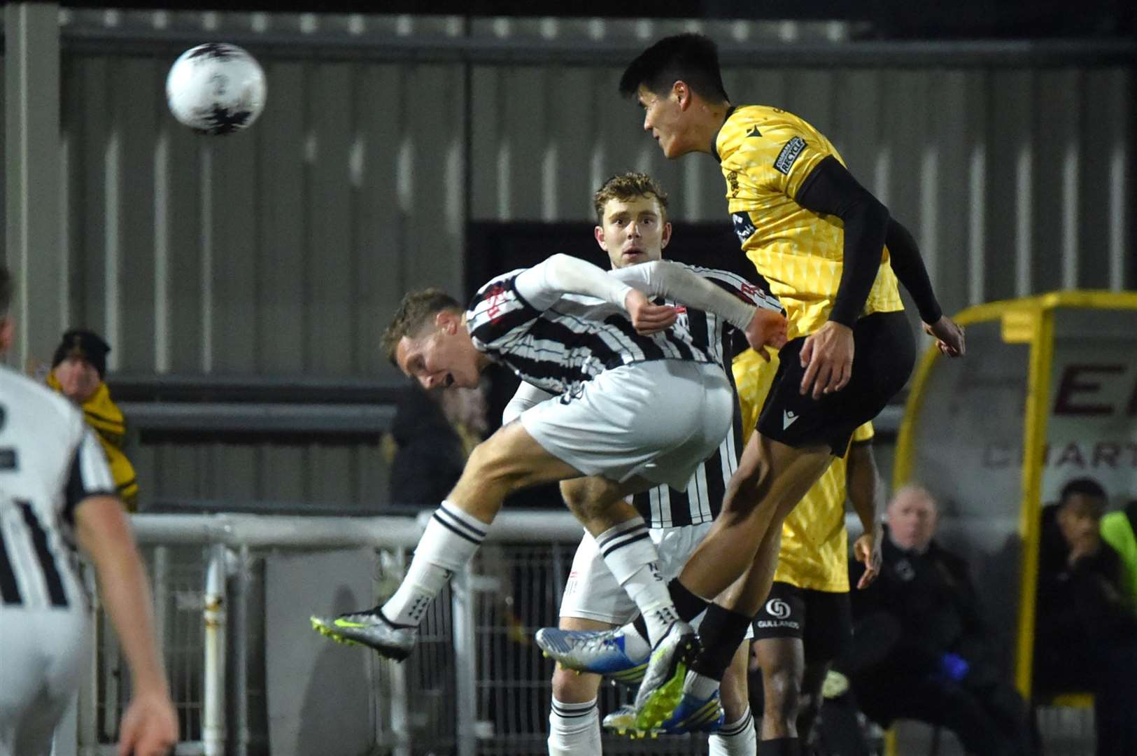 Bivesh Gurung wins a header during Maidstone's 2-2 draw with Bath. Picture: Steve Terrell