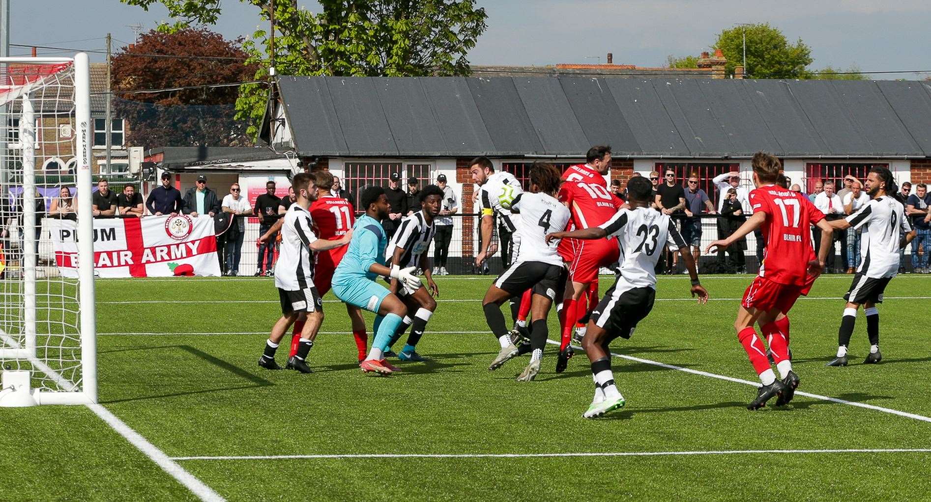 Ben Brown diverts Harry Brown’s set-piece goalwards late in the game Picture: Les Biggs