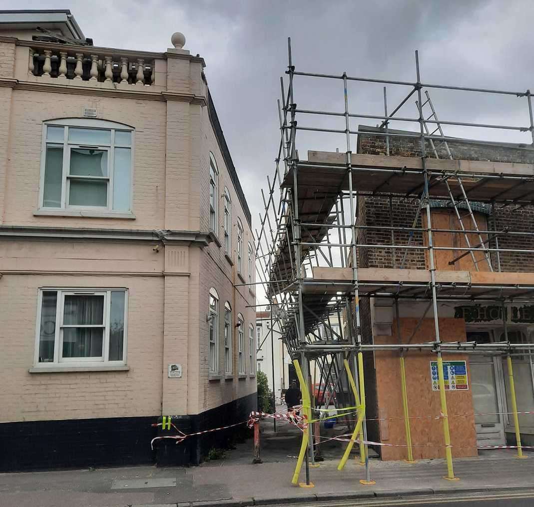 The scaffolding has come loose on a building in Cliftonville. Picture: Carrie Dowden