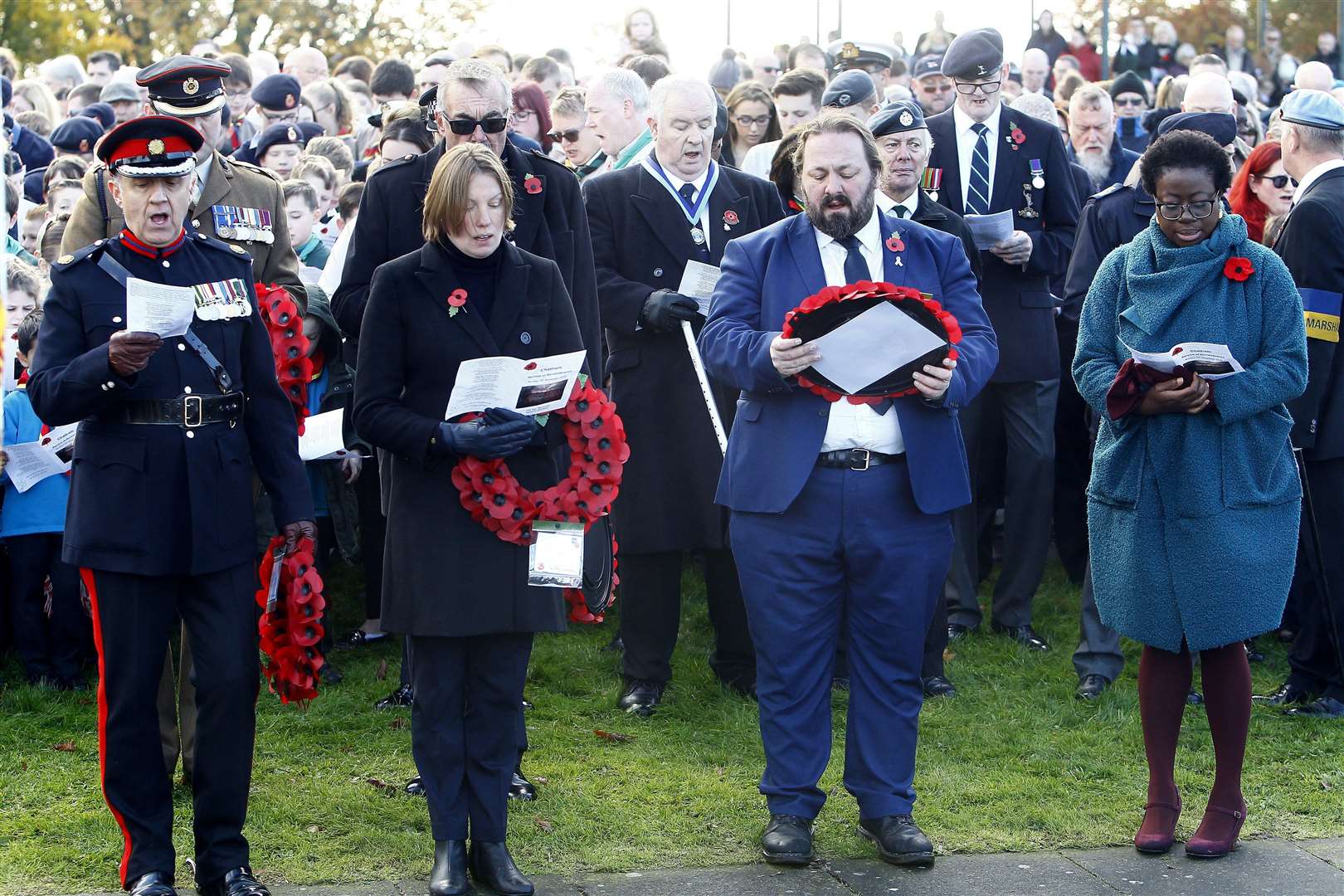 Local MP, councillors and other dignatories pay their respects during a Chatham Remembrance Service held at Victoria Gardens. From left to right: Dep Lt of Kent Peter Gilbert, Tracey Crouch MP, Cllr Vince Maple and Cllr Siju Adeoye. Picture: Sean Aidan (21302951)
