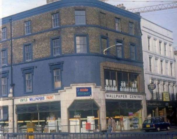 Discount Dekor on the corner of Bench Street and Townwall Street in the 1970s. This is where the Banksy mural was placed and to the right was the Crypt restaurant. Picture: Paul Wells, Dover (Kent) History Pages