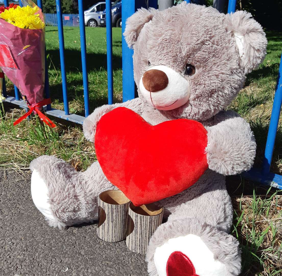 A teddy holding a large red heart has been left at Warden House Primary School's gates for Lucas Dobson