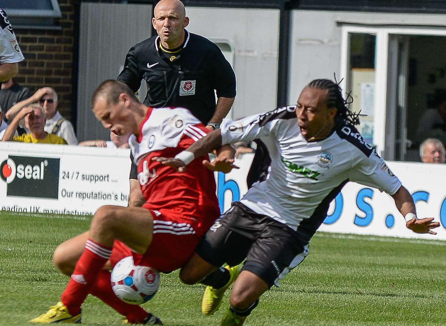 Dover's Ricky Modeste, right, in action against Halifax in the Vanarama Conference clash at Crabble