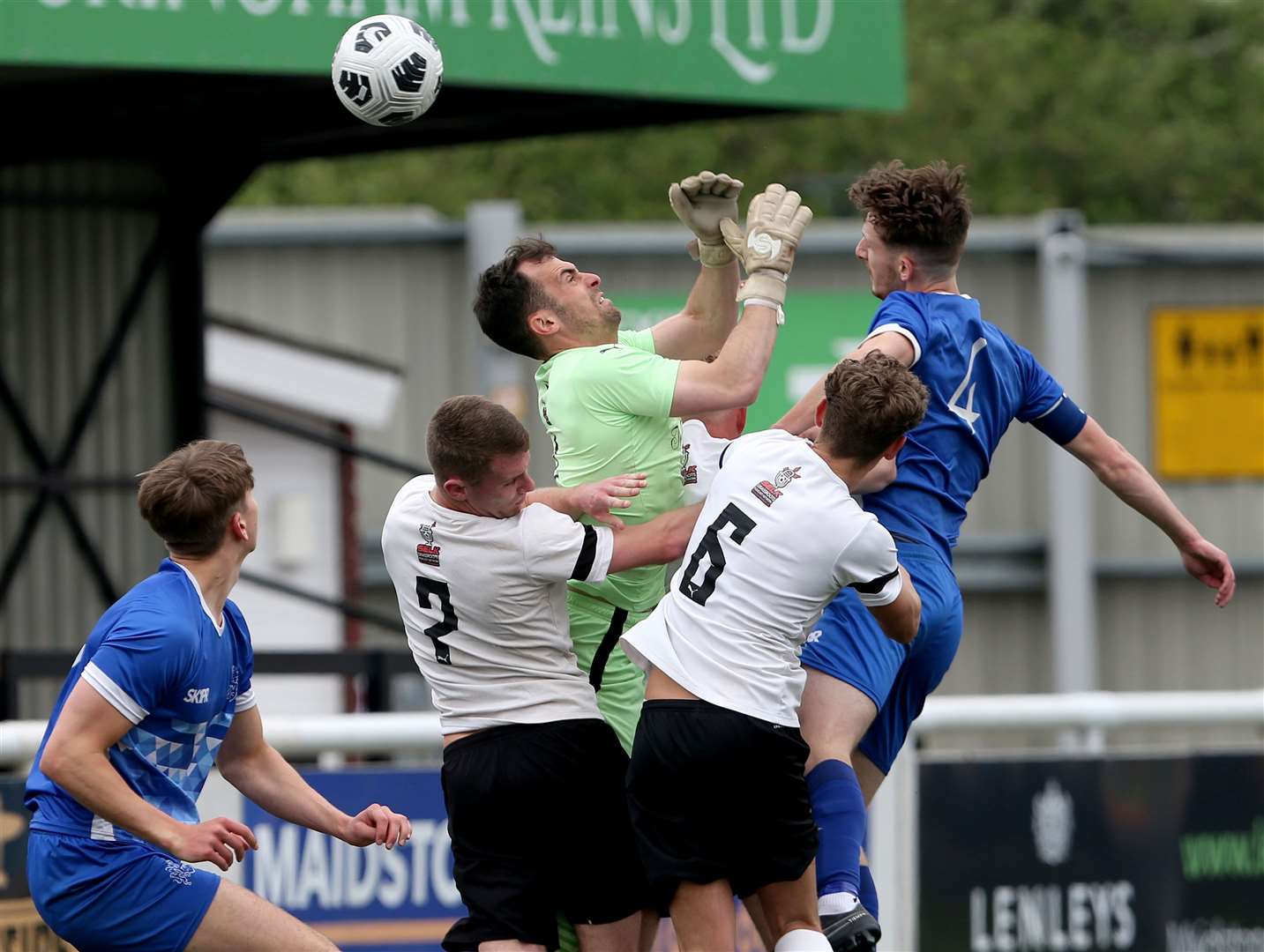 Goalmouth action between The Warren (blue) and AFC Wilgar. Picture: PSP Images