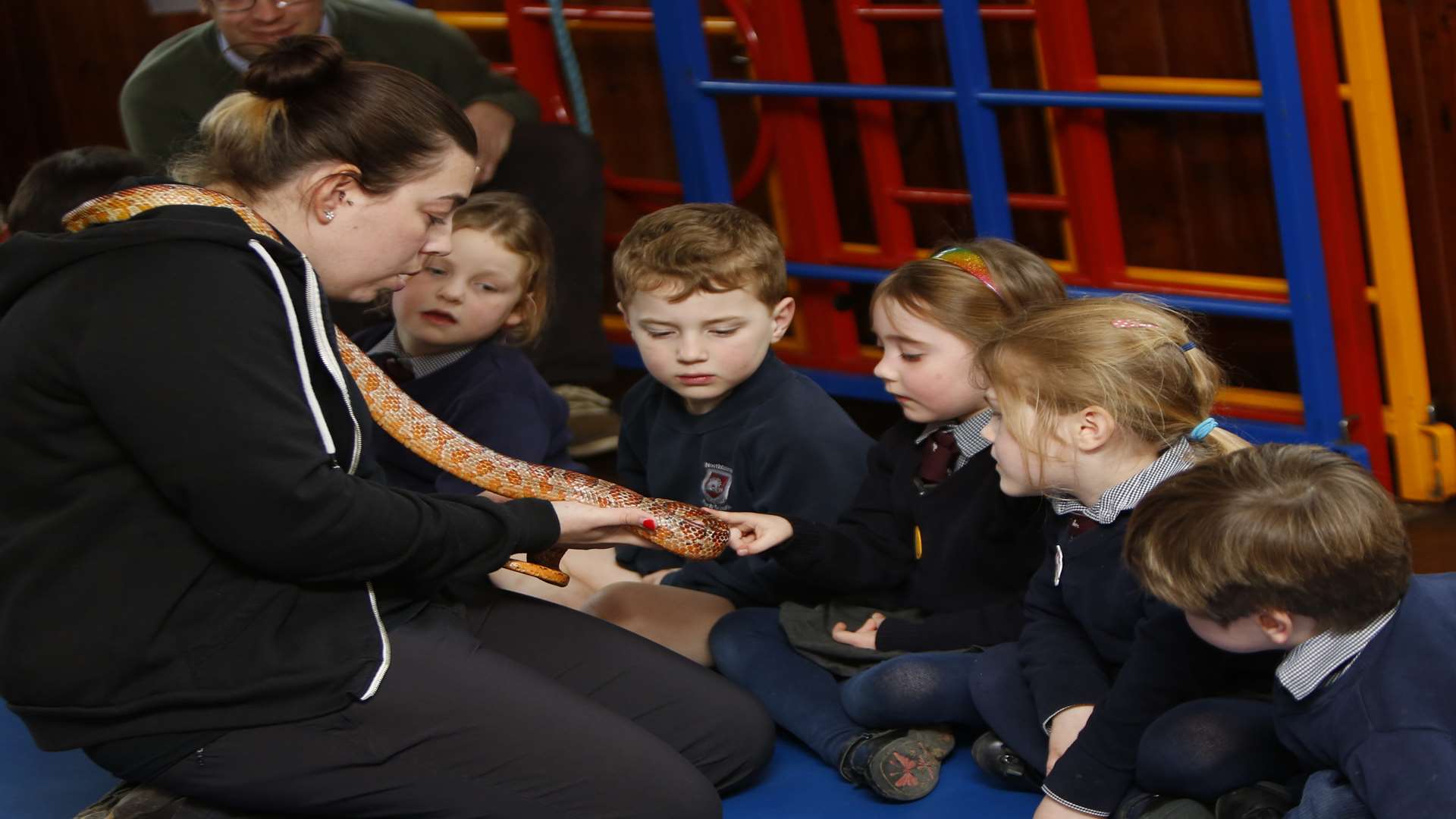 Children meet a Corn Snake with Charli Hayles at Northbourne Park Pre-prep School