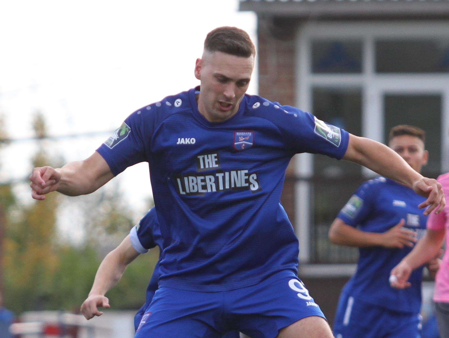 Margate's Joe Taylor in action against Enfield on Saturday Picture: Don Walker