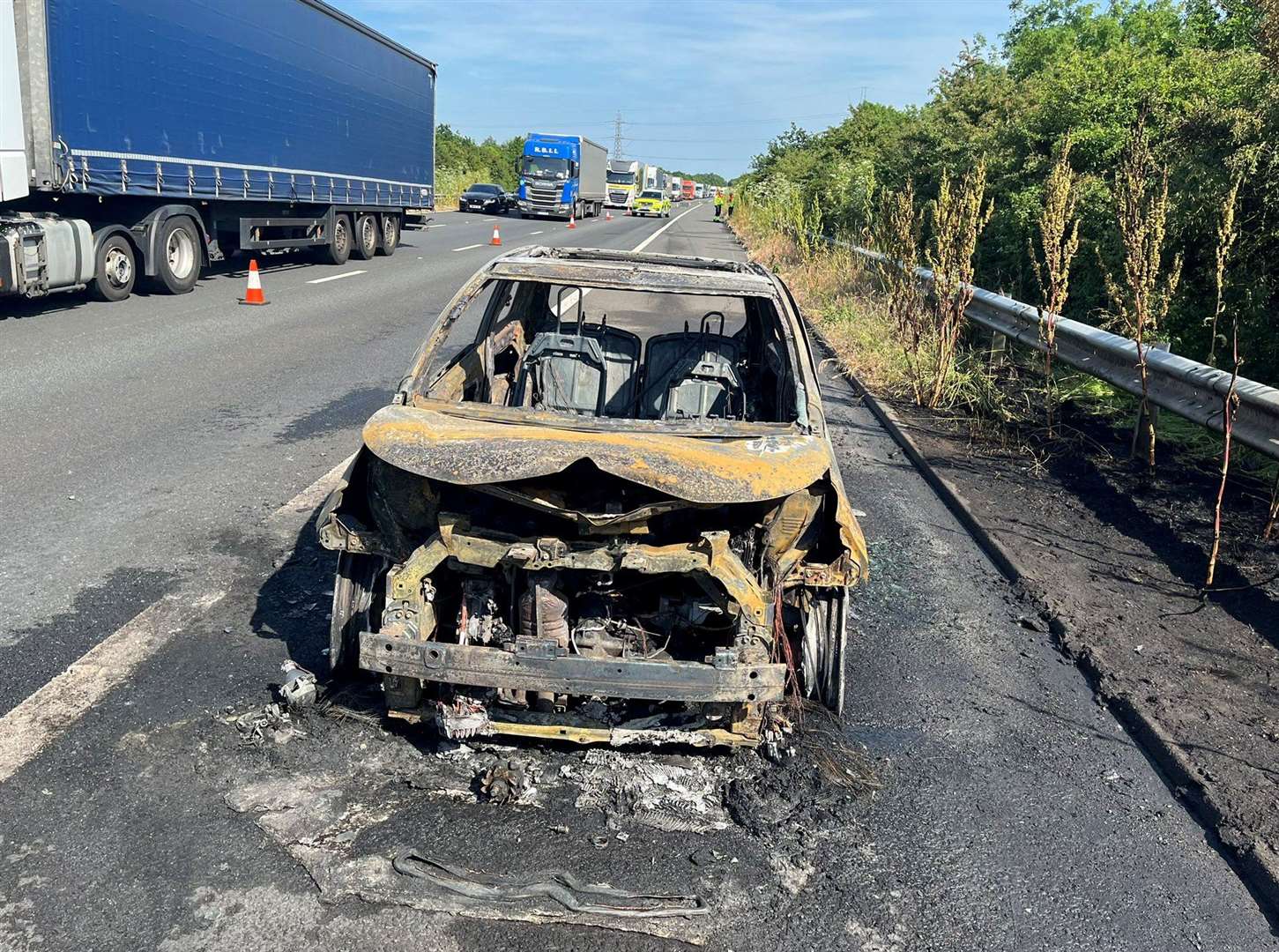 A car has been destroyed following a fire on the M20 near Ashford. Picture: BTP Kent on Twitter