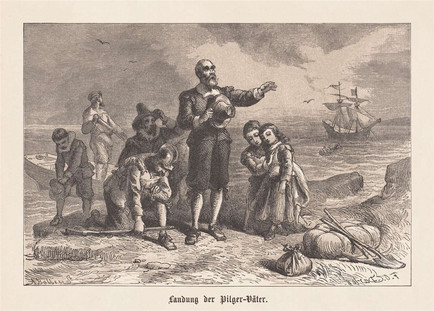 An engraving of the embarkation of the Pilgrim Fathers in America, 1620. Picture: iStock
