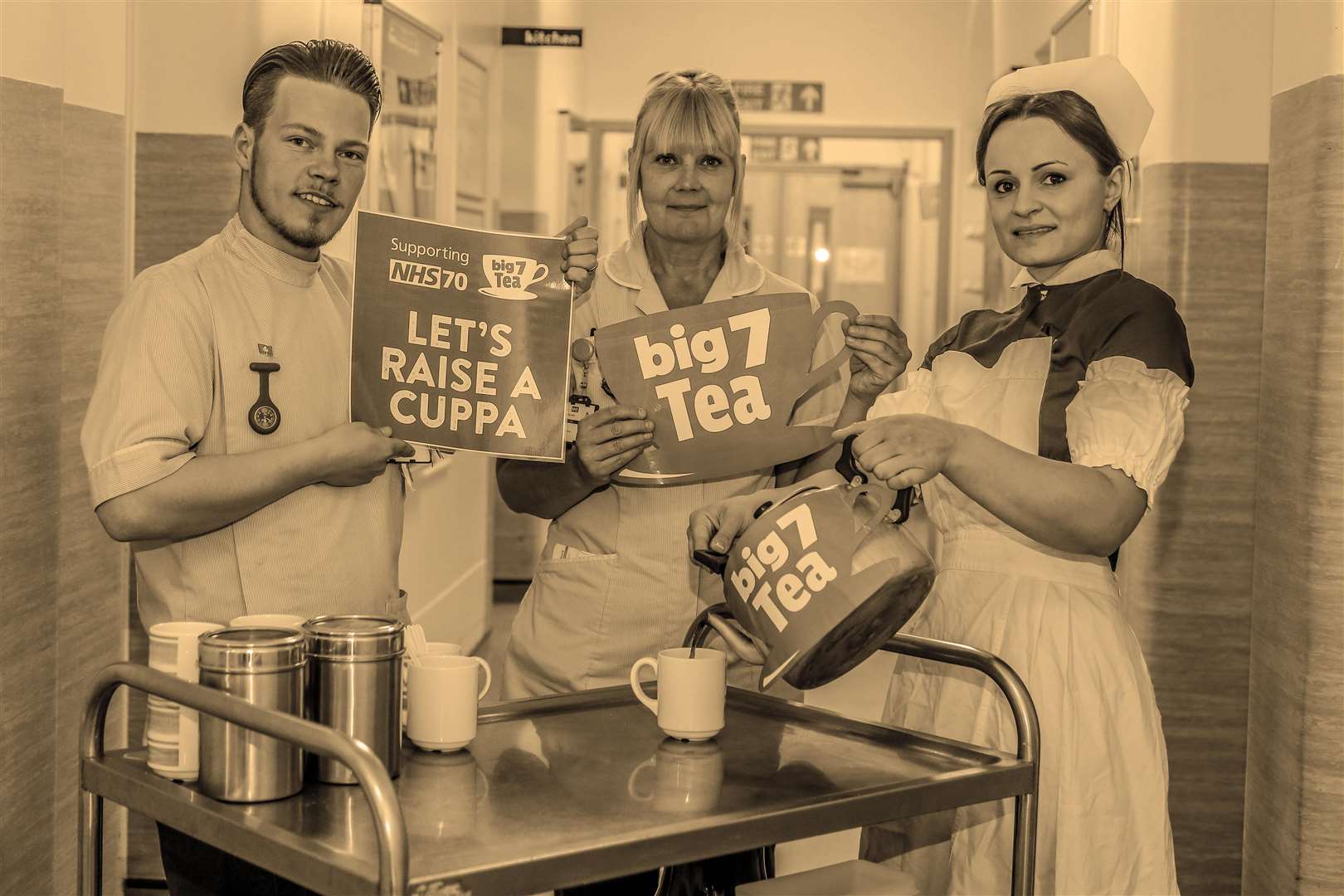 Wakeley Ward’s Billy Hastings, Emma Everitt and Rowena Ward pictured in a vintage nursing uniform. (1645837)