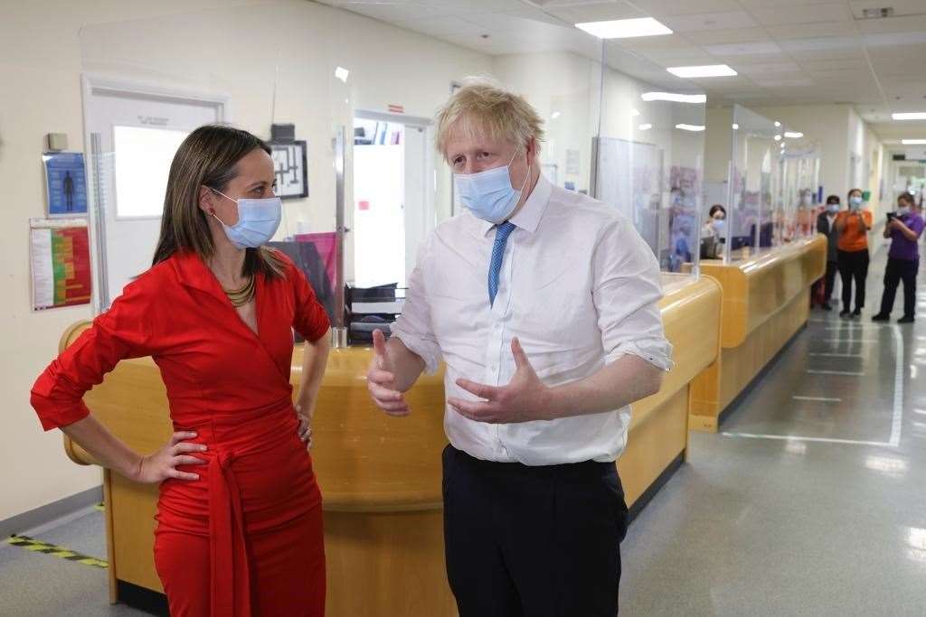Helen Whately and Boris Johnson at Maidstone Hospital on Monday