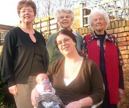 HAPPY GROUP: Ivy Cooper, 99, Betty Collins, 79, Sheila Costello, 57, Anna Costello-Mannering, 28, and baby Oscar Costello-Mannering