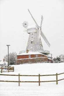 Willesborough Windmill. Ashford continues under a blanket of snow.