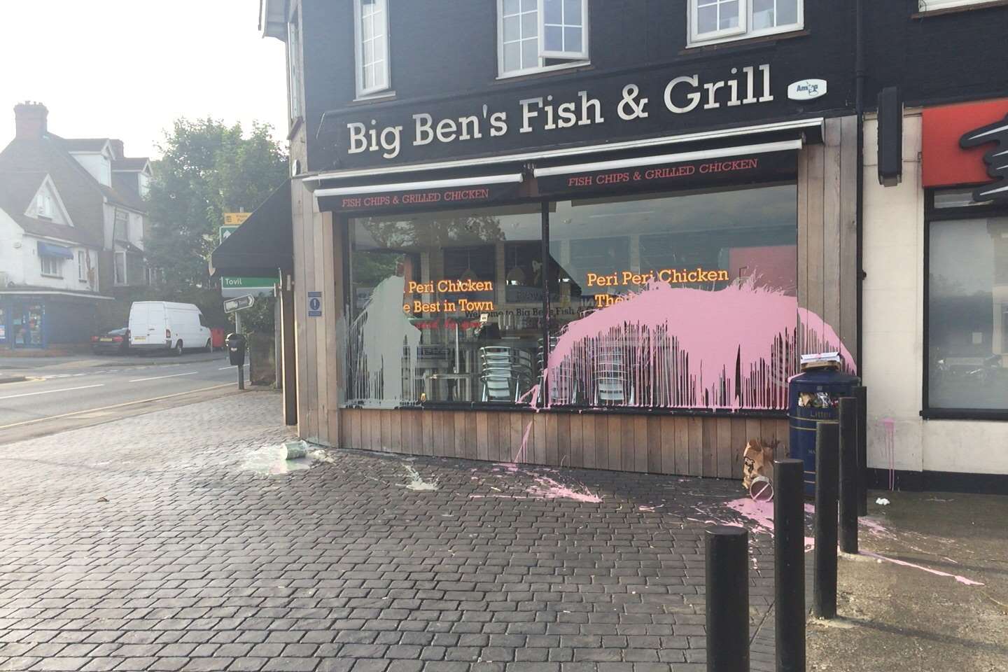Big Ben's Fish and Grill has been covered in paint