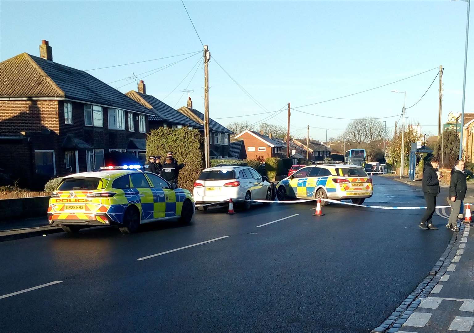 Police outside the Wheatsheaf pub after a pedestrian was hit by a car in Herne Bay Road in Swalecliffe, Whitstable. Picture: Nigel Hall