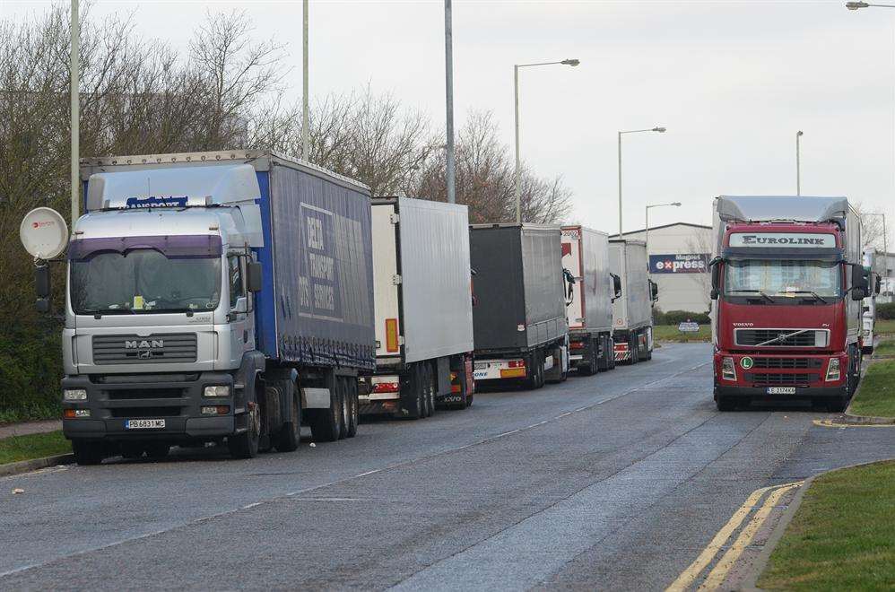 Lorries parked n Orbital Park in Ashford. Picture: Gary Browne