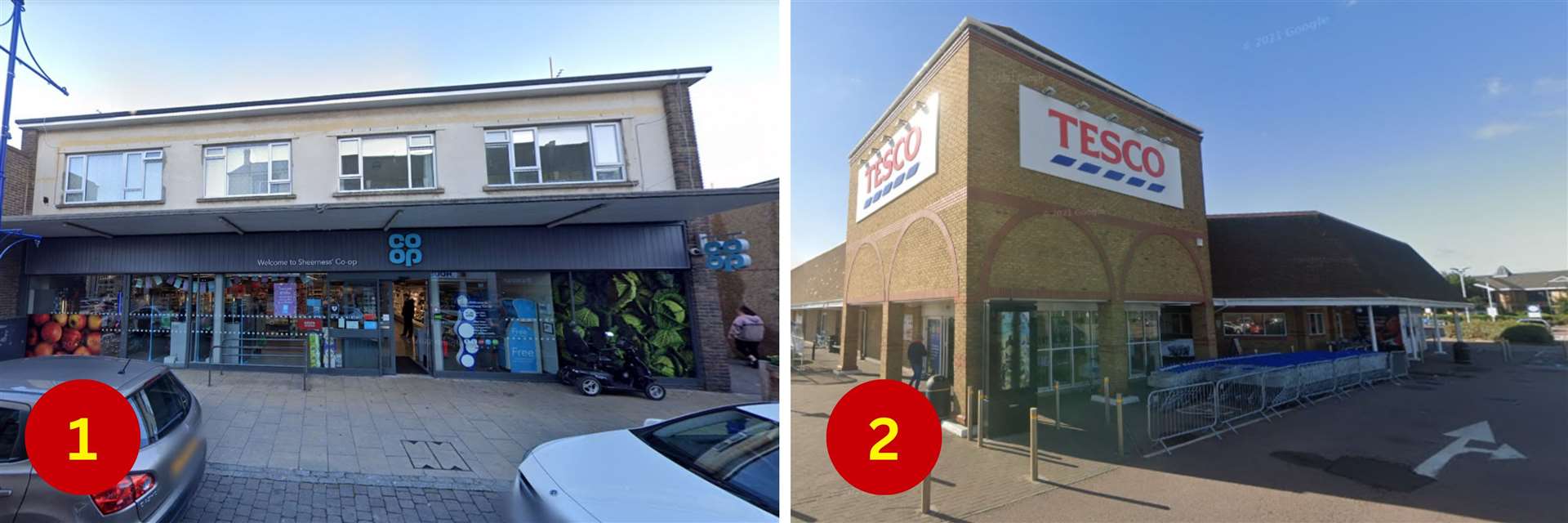 The Co-op in Sheerness (left) and the town's Tesco Superstore were the two shops from which the most incidents were reported. Picture: Google