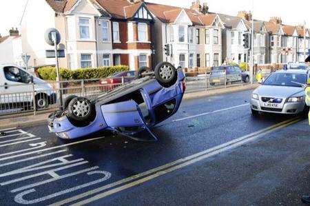 This Nissan Micra overturned in Watling Street, Chatham