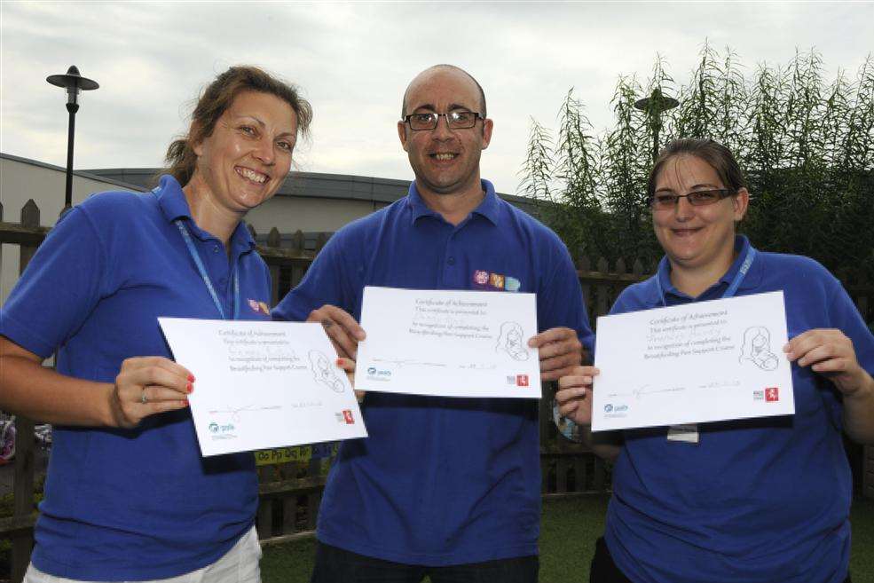 Breast-feeding peer supporters, Dany King with his certificate and fellow graduates Gemma Rustick and Frances Hardy