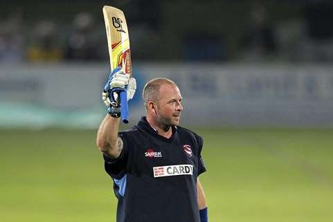 Darren Stevens celebrates his 44-ball century against Sussex. Picture: Barry Goodwin