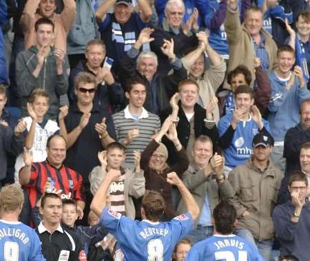 HAPPY DAY: Gillingham's Mark Bentley enjoys applause from the crowd after grabbing his goal. Picture: GRANT FALVEY