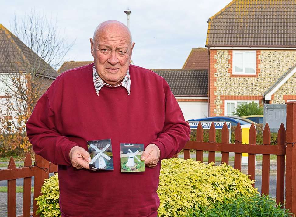 Maurice Hartigan with photographs of his stolen wooden windmill from his front garden in Minster, Sheppey