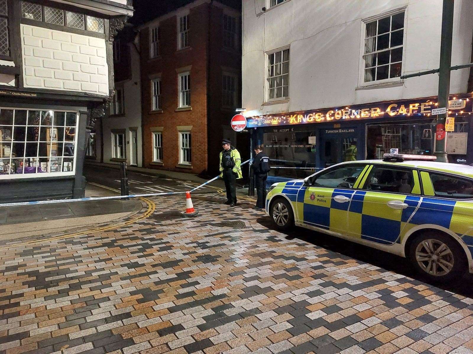 The police cordon in Canterbury city centre last night. Picture: Jack Dyson