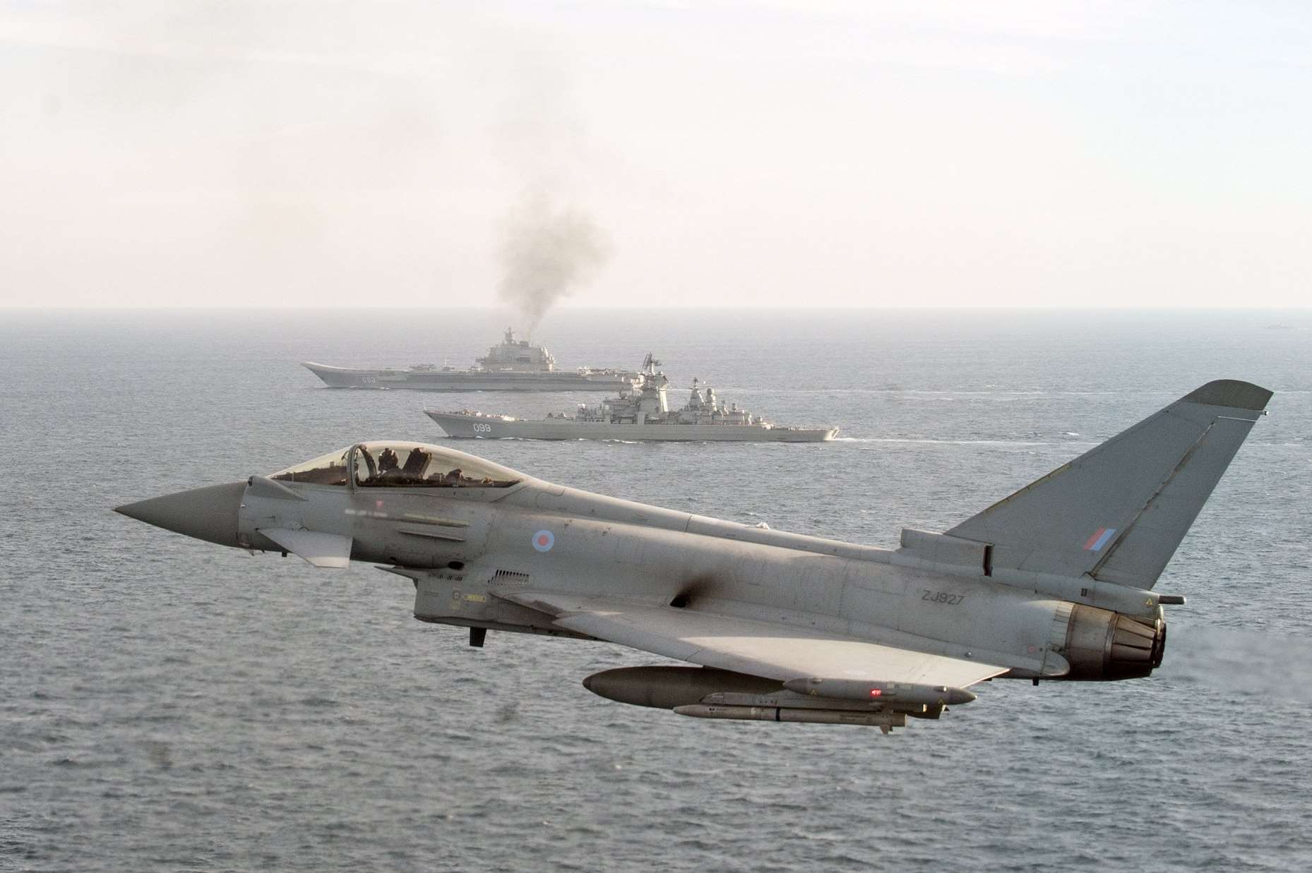RAF Typhoon jets joined the British frigate to escort Russian warships through the Channel. Picture: MoD/Royal Navy