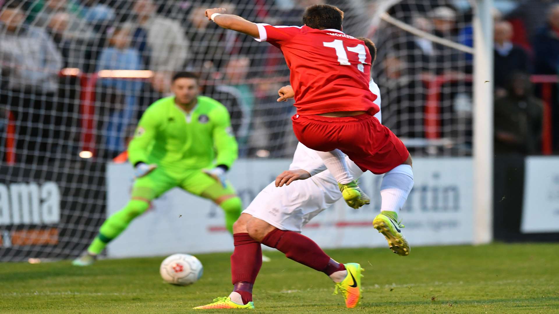 Christian Nanetti tries to force the ball home for Welling. Picture: Keith Gillard