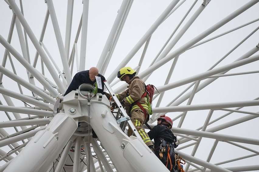 Firefighters "rescue" a man from the Kent Eye at Kent University.