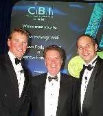 Olympic champions Matthew Pinsent and Sir Steve Redgrave at the CBI dinner with Nigel Bourne, CBI regional director