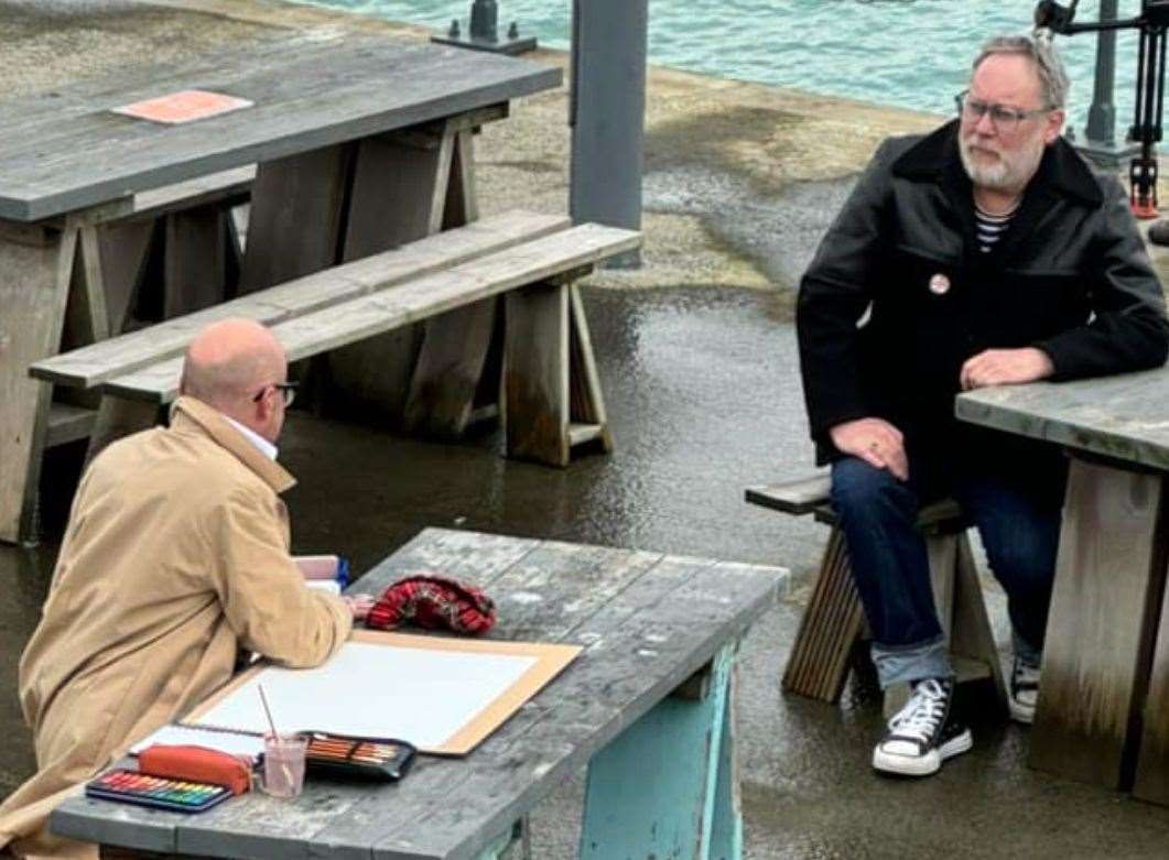 Comedians Harry Hill and Vic Reeves on Folkestone Harbour Arm this afternoon. Picture: Kenno Kennison