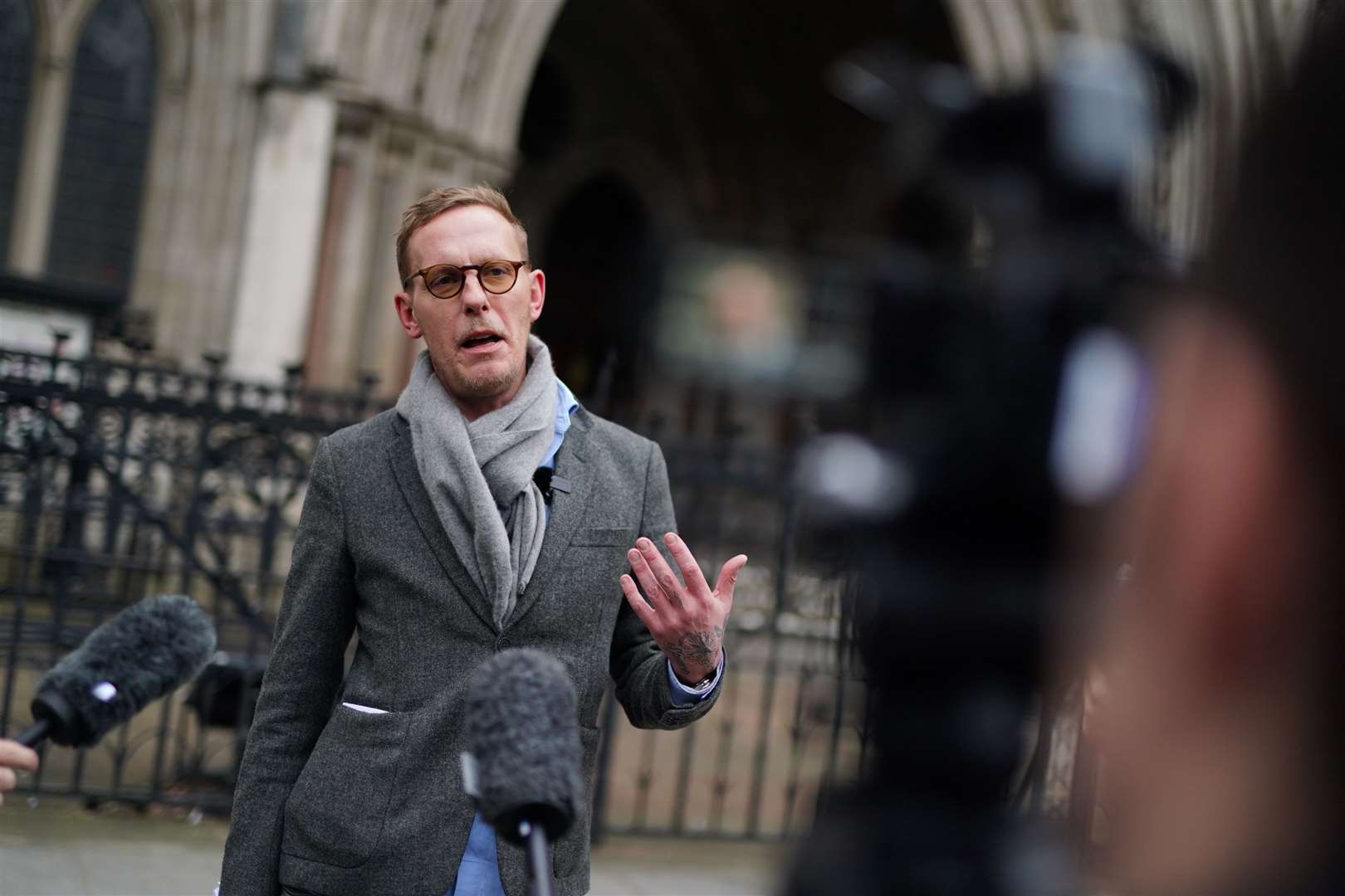 Laurence Fox made a statement outside the the Royal Courts of Justice, central London, after the original ruling in January (Jordan Pettitt/PA)