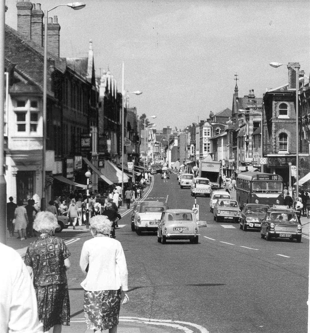 Tonbridge High Street, pictured in July 1971