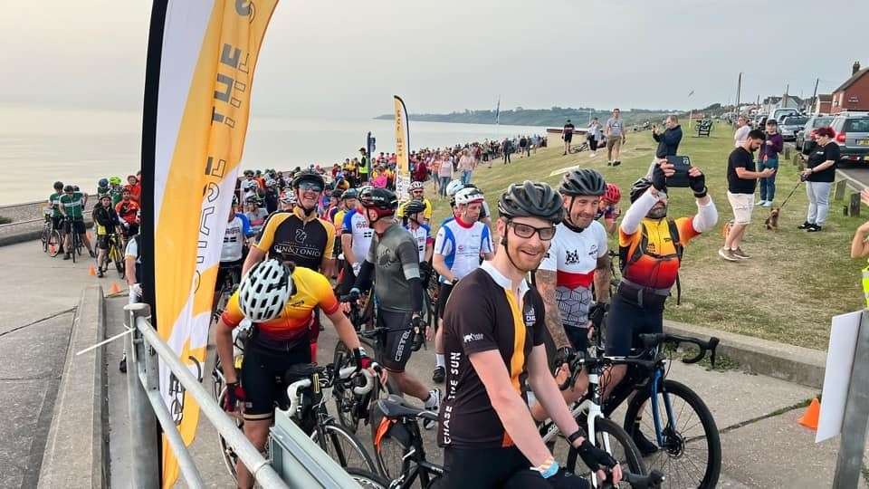 Cyclists waiting for the start of the 2022 Chase The Sun 205-mile bike ride on The Leas at Minster, Sheppey. Picture: Simon Steggles