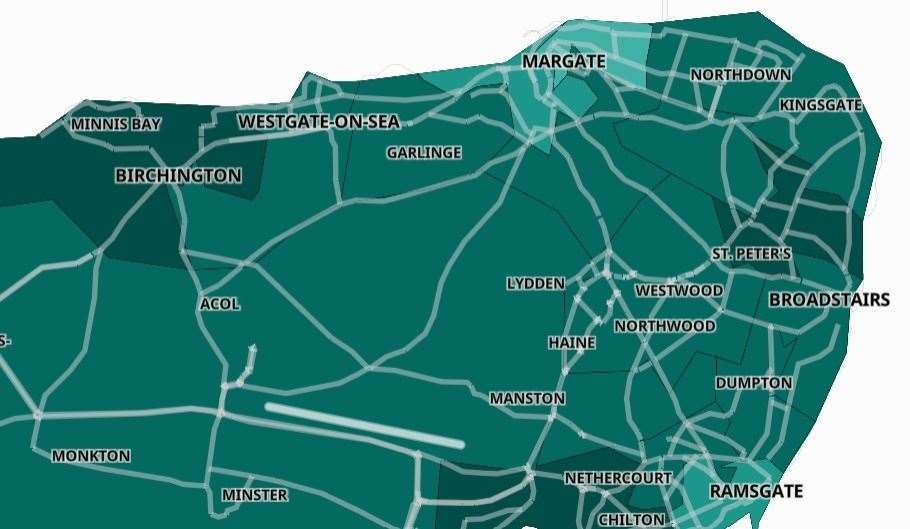 Map showing vaccine uptake in Thanet - the rates are higher the darker the area is shaded
