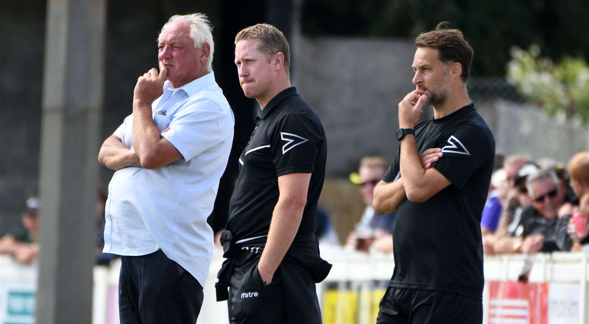 Micheal Everitt, far right, and Roland Edge, centre, are now in charge of Folkestone after long-serving manager Neil Cugley last week stood down. Picture: Barry Goodwin
