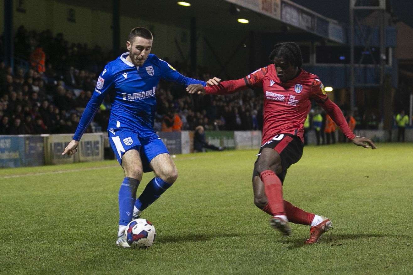 Dom Jefferies in action for Gillingham against Colchester United on Boxing Day