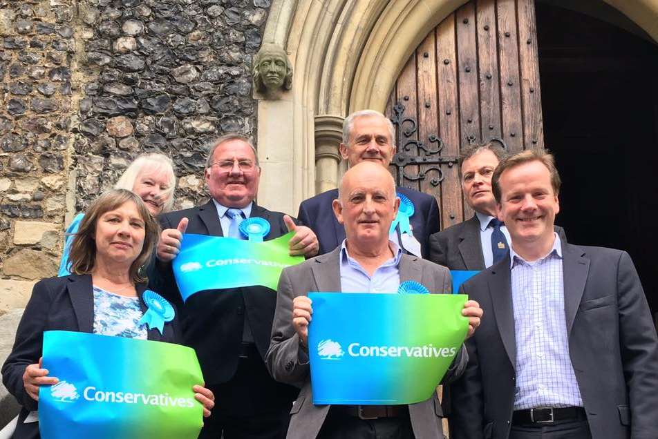 The Conservatives have taken all seven seats in the KCC county council elections: Left, Sue Chandler, Pauline Beresford, Nigel Collor, Derek P Murphy (front) Trevor Bond (Back) and Geoffrey Lymer with Parliamentary candidate Charlie Elphicke