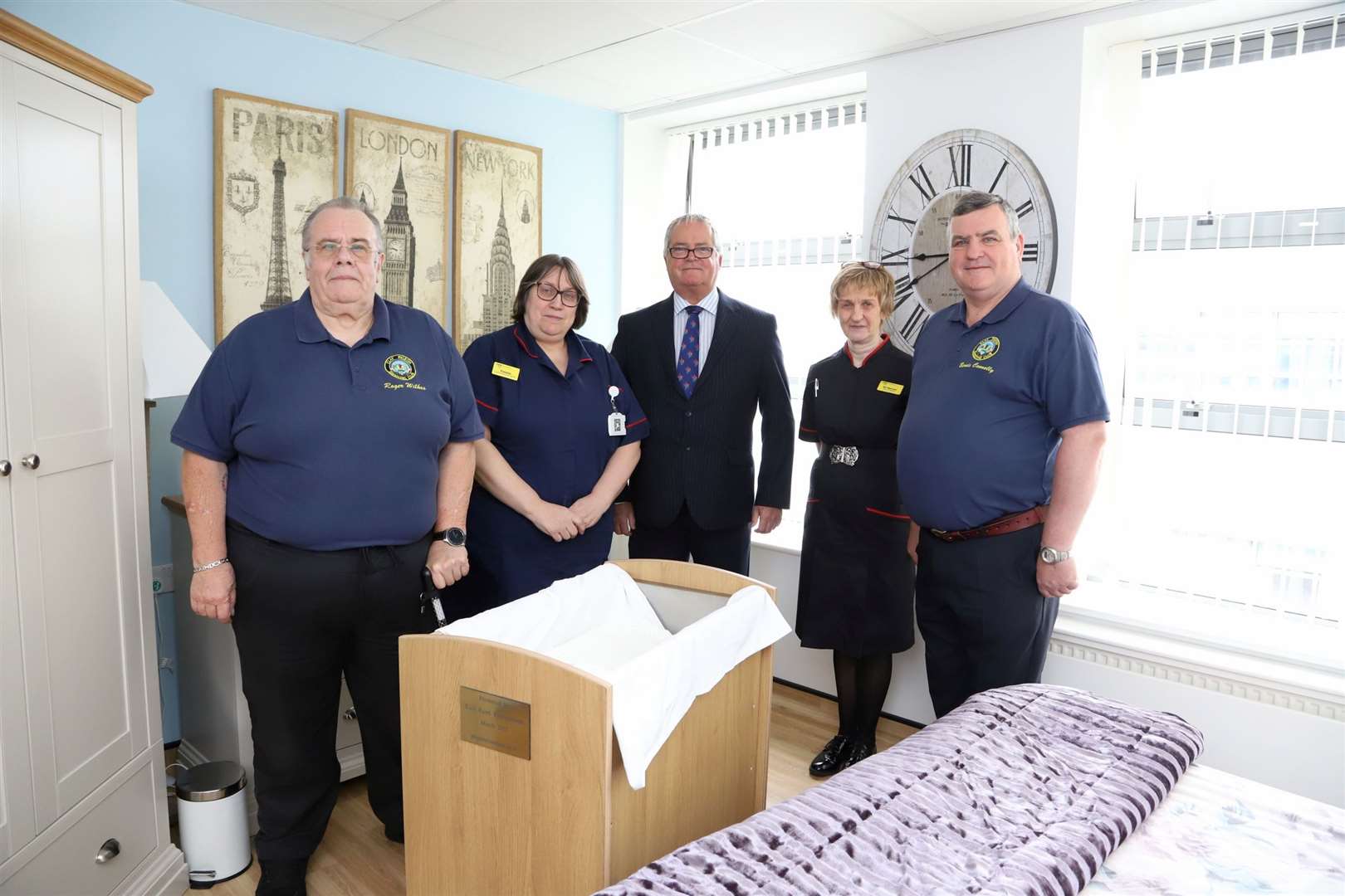 East Kent Freemasons donate an Abigail’s Footsteps’ Abi Cooling Cot to Medway NHS Foundation Trust. From left: Roger Wilkes, Yvonne Morrison, Richard Wingett, Alison Herron and Bernie Connol