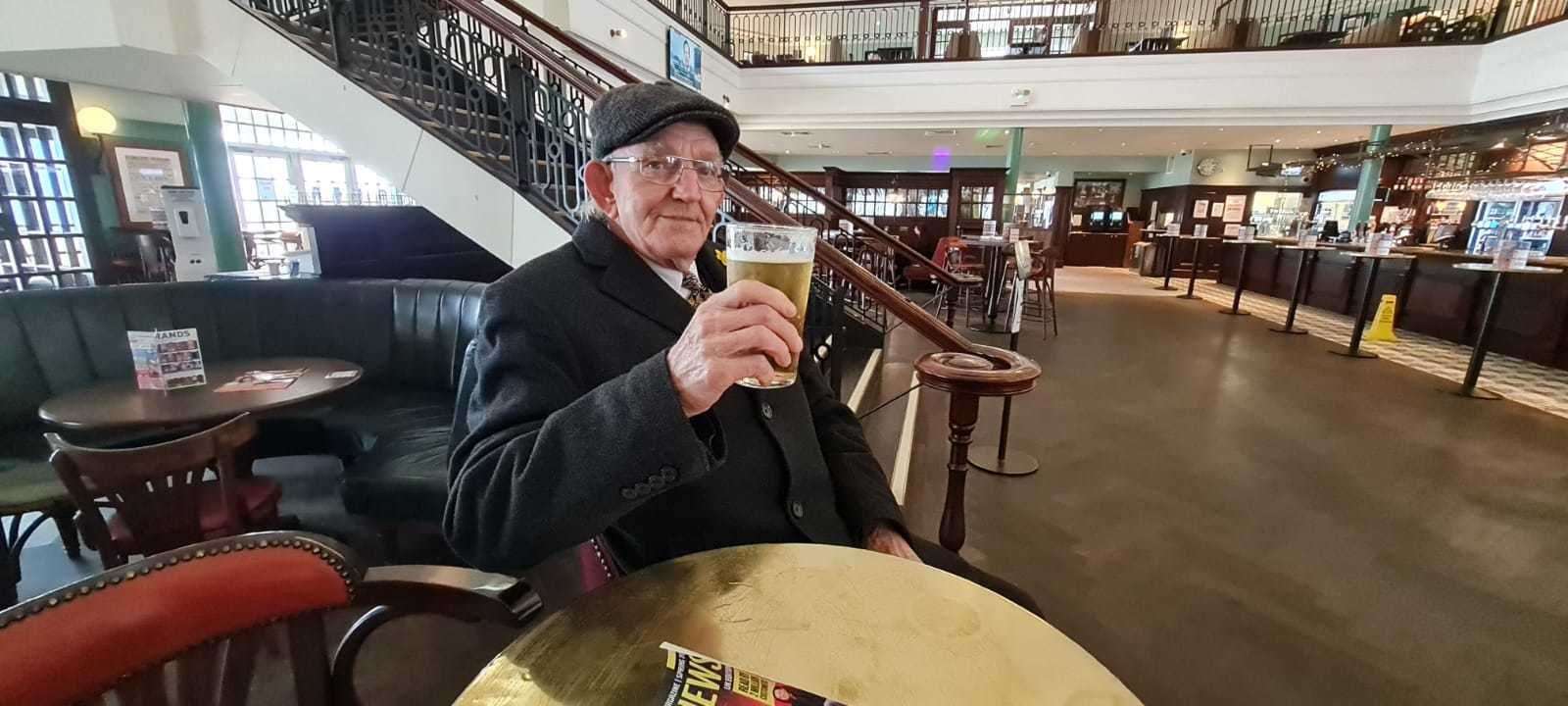 Jim Southgate enjoys his first indoor pint at the Royal Pavilion Wetherspoon in Ramsgate