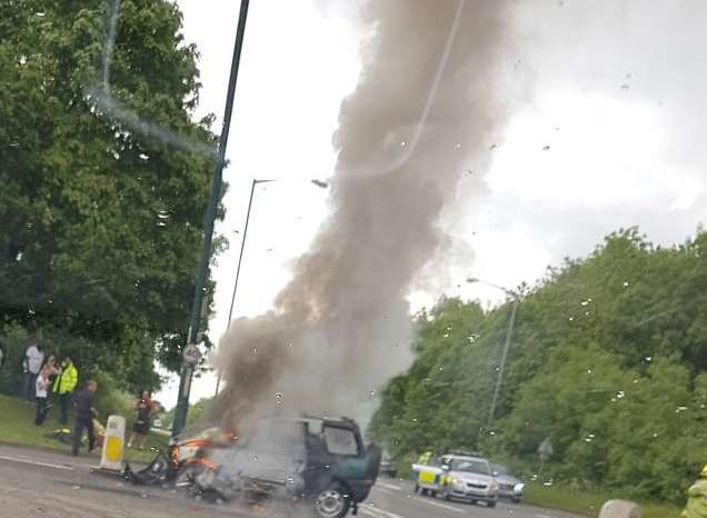 Both vehicles burst into flames. Picture: @ebrudoganexo