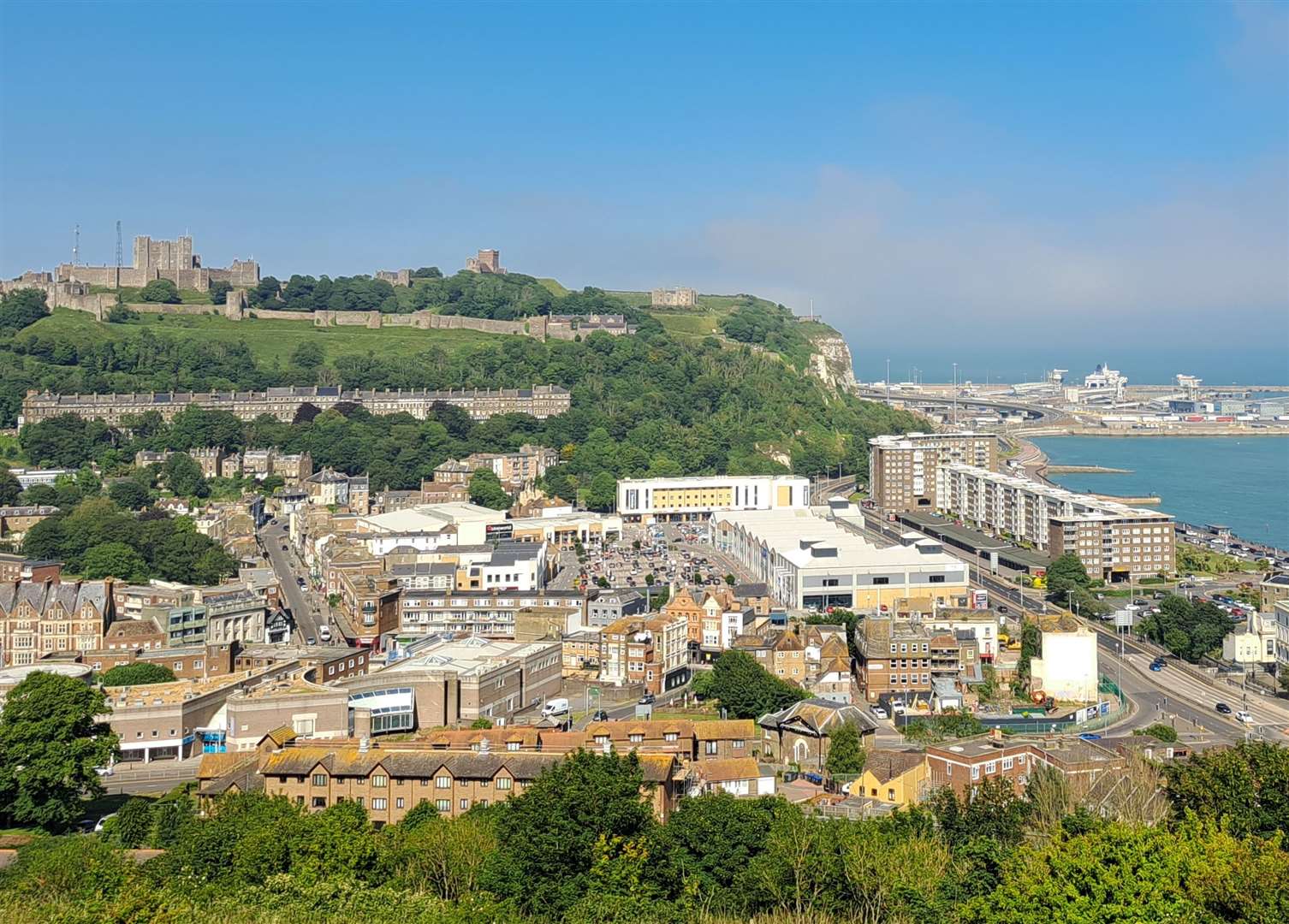 Dover town centre from the Western Heights. The St James' shopping centre is most obviously in view plus the whitewashed Banksy Brexit building