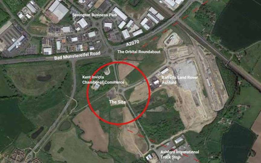 'The site' label shows where the new KFC is set to go on Waterbrook Park - not far from the Orbital Park McDonald's on the other side of the A2070